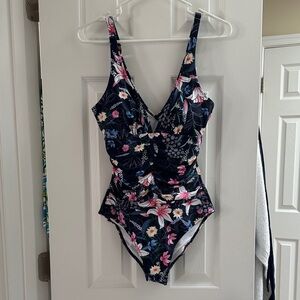 Floral V-Neck One-Piece Swimsuit - Navy Floral